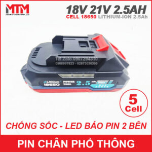 Pin chân phổ thông Makita 18V 21V 2.5Ah 5 cell mạch 80A - chống sốc led báo pin 2 bên 11