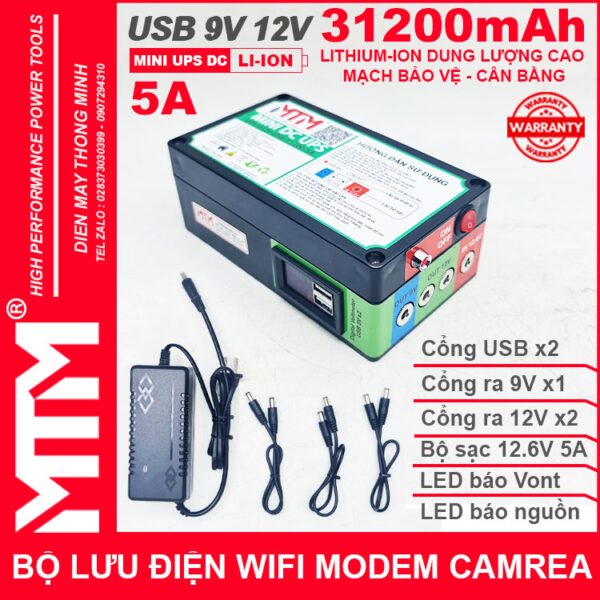 Bộ lưu điện wifi modem camera khóa cửa từ đèn quạt DC USB 9V12V 31200mAh 5A MTM - Mini UPS DC USB 9V 12V 2