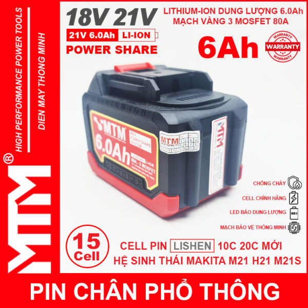 Pin chân phổ thông Makita 18V 21V 6Ah 15cell mạch 80A led báo pin chống sốc - Cell LISHEN 7