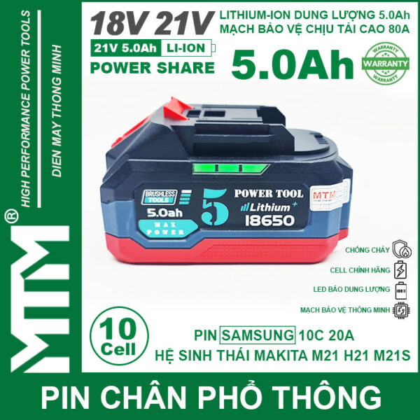 Pin chân phổ thông Makita 18V 21V 5.0Ah 10 cell mạch 80A led báo pin chống sốc - Cell Samsung 25R 4