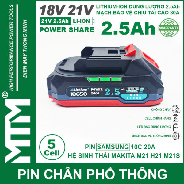 Pin chân phổ thông Makita 18V 21V 2.5Ah 5 cell mạch 80A led báo pin chống sốc - Cell Samsung 25R 4