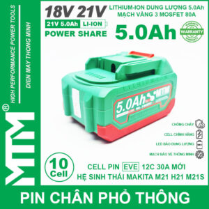 Pin chân phổ thông Makita 18V 21V 5.0Ah 10 cell mạch 80A led báo pin chống sốc - Cell EVE 25P 15