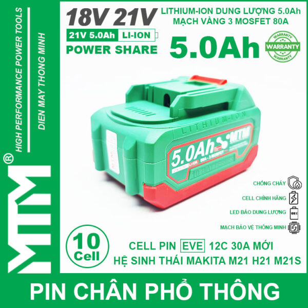 Pin chân phổ thông Makita 18V 21V 5.0Ah 10 cell mạch 80A led báo pin chống sốc - Cell EVE 25P 7