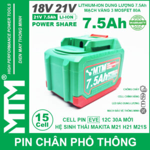 Pin chân phổ thông Makita 18V 21V 7.5Ah 15 cell mạch 80A led báo pin chống sốc - Cell EVE 25P 13