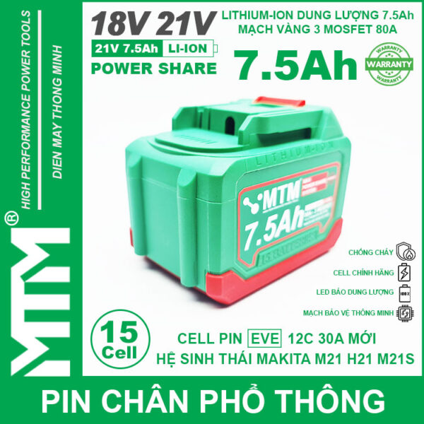 Pin chân phổ thông Makita 18V 21V 7.5Ah 15 cell mạch 80A led báo pin chống sốc - Cell EVE 25P 5