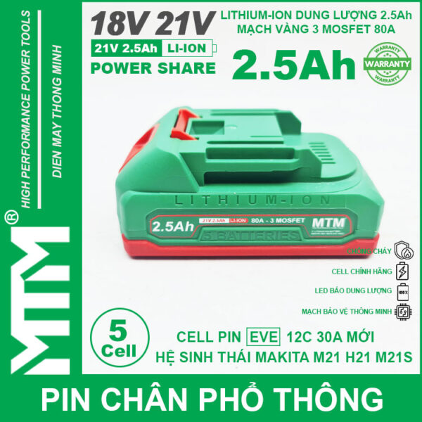 Pin chân phổ thông Makita 18V 21V 2.5Ah 5 cell mạch 80A led báo pin chống sốc - Cell EVE 25P 4