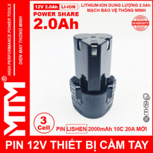 Pin máy khoan bắt vít 12V 2.0Ah 3 cell chuẩn khe loại B - Cell LISHEN 10C 20A 15