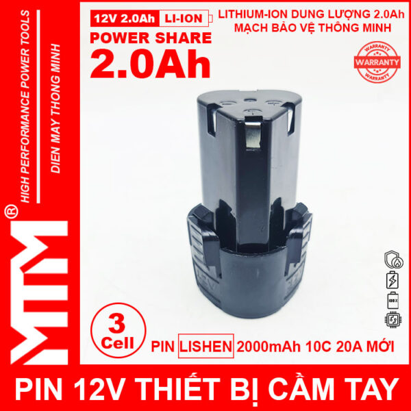 Pin máy khoan bắt vít 12V 2.0Ah 3 cell chuẩn khe loại B - Cell LISHEN 10C 20A 6