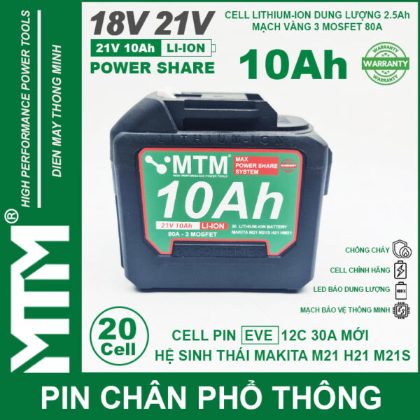 Pin chân phổ thông Makita 18V 21V 10Ah 20 cell mạch 80A led báo pin - Cell EVE 25P 5