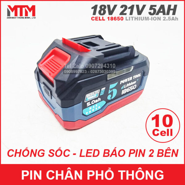 Pin chân phổ thông Makita 18V 21V 5Ah 10 cell mạch 80A - chống sốc led báo pin 2 bên 4