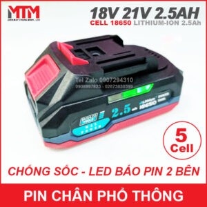 Pin chân phổ thông Makita 18V 21V 2.5Ah 5 cell mạch 80A - chống sốc led báo pin 2 bên 13