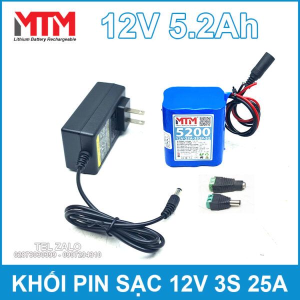 Khối pin sạc 12V 5.2Ah 25A 3S MTM - kèm sạc 3