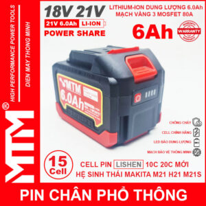 Pin chân phổ thông Makita 18V 21V 6Ah 15cell mạch 80A led báo pin chống sốc - Cell LISHEN 15