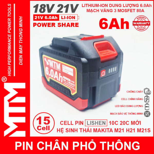 Pin chân phổ thông Makita 18V 21V 6Ah 15cell mạch 80A led báo pin chống sốc - Cell LISHEN 5