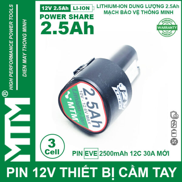 Pin máy khoan bắt vít 12V 2.5Ah 3 cell chuẩn khe loại B - Cell EVE 12C 30A 9