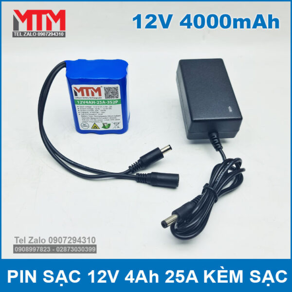 Pin sạc 12V 4Ah 25A 3S MTM kèm sạc 3