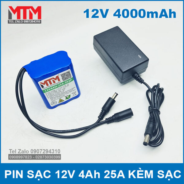 Pin sạc 12V 4Ah 25A 3S MTM kèm sạc 4