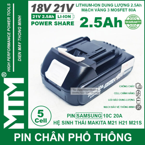 Pin chân phổ thông Makita 18V 21V 2.5Ah 5 cell mạch 80A led báo pin - Cell Samsung 25R 3