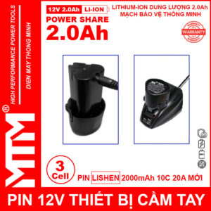 Pin máy khoan bắt vít 12V 2.0Ah 3 cell chuẩn khe loại B - Cell LISHEN 10C 20A 20