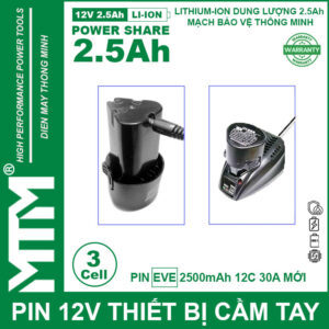 Pin máy khoan bắt vít 12V 2.5Ah 3 cell chuẩn khe loại B - Cell EVE 12C 30A 19