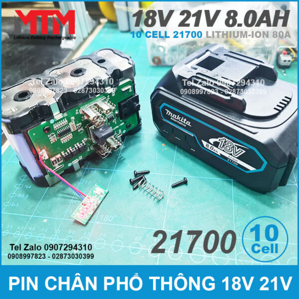 Pin chân phổ thông M21 Makita Hukan Dekton 18V 21V 8.0Ah 10 cell 21700 - mạch 80A 9