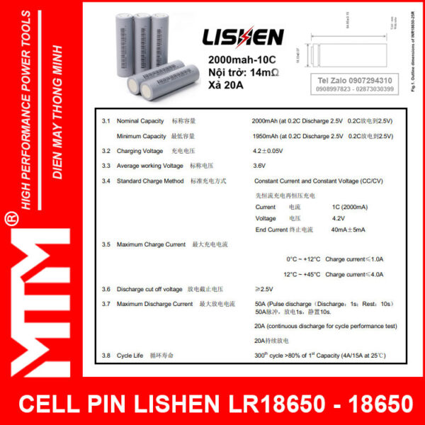 Pin máy khoan bắt vít 12V 2.0Ah 3 cell chuẩn khe loại B - Cell LISHEN 10C 20A 12