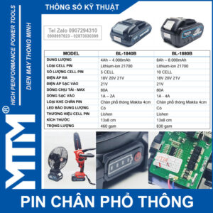 Pin chân phổ thông Makita 18V 21V 4Ah 5 cell mạch 80A led báo pin - Cell Lishen 21700 14