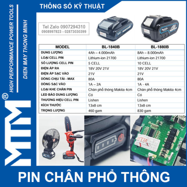 Pin chân phổ thông Makita 18V 21V 4Ah 5 cell mạch 80A led báo pin - Cell Lishen 21700 8