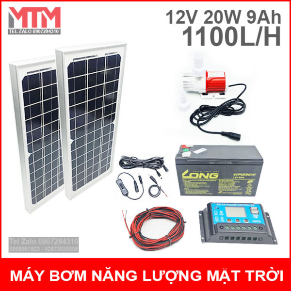 Bộ máy bơm năng lượng mặt trời 12V 20W 9Ah 1100L 3