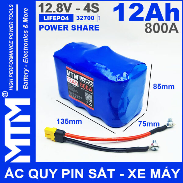Ac quy pin kich khoi dong xe may 12V 640A 12Ah Jack XT60 MTM kich thuoc
