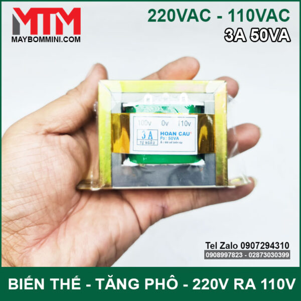 Bien the bien ap tang pho doi dien AC 220V ra110V 3A 50VA tren tay