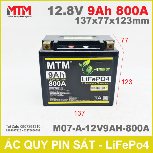 Binh ac quy pin xe may 12V 9Ah 800A M07 A 12V9AH 800A kich thuoc