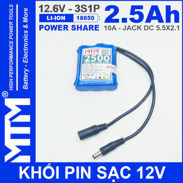 Khoi pin sac 12V 10A 3S1P jack DC 18650 MTM 2500mah