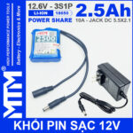 Khoi pin sac 12V 10A 3S1P jack DC 18650 MTM 2500mah kem sac