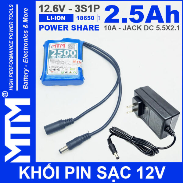 Khoi pin sac 12V 10A 3S1P jack DC 18650 MTM 2500mah kem sac