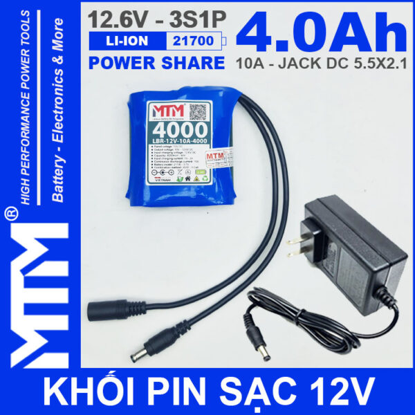 Khoi pin sac 12V 10A 3S1P jack DC 18650 MTM 4000mah kem sac
