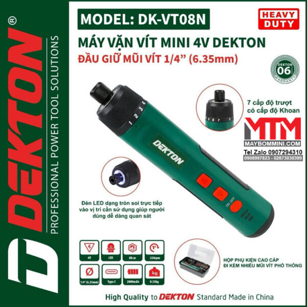 May chuyen vit truot mini 4V Dekton DK VT08N 7 Cap do truot Co khoan Kem nhieu mui vit mau xanh