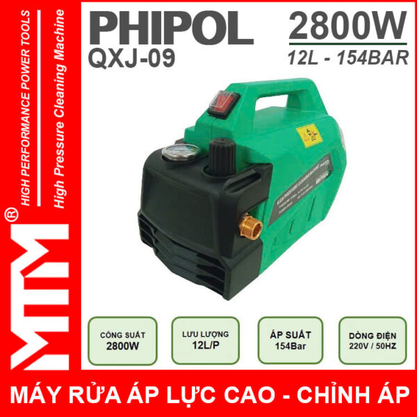 May rua xe ap luc cao 220V 2800W 12L 154Bar Phipol QXJ09 loi dong chinh ap phia truoc phai 2
