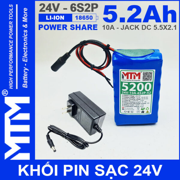 Pin 24V 10A 6S2P 18650 MTM 5200mah kem sac