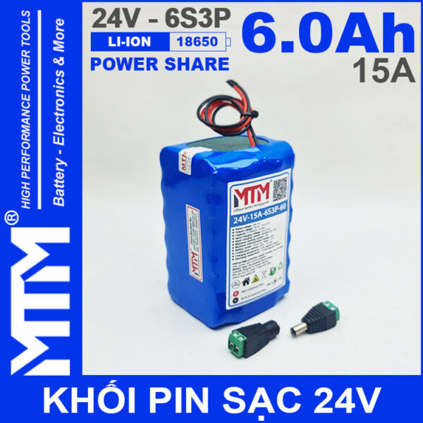 Pin 24V 6Ah 15A 6S2P 18650 MTM 6000mah chinh hang