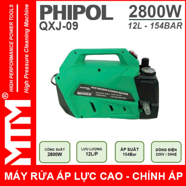 chuyen ban nay rua xe ap luc cao 220V 2800W 12L 154Bar Phipol QXJ09 loi dong chinh ap mat hong phai