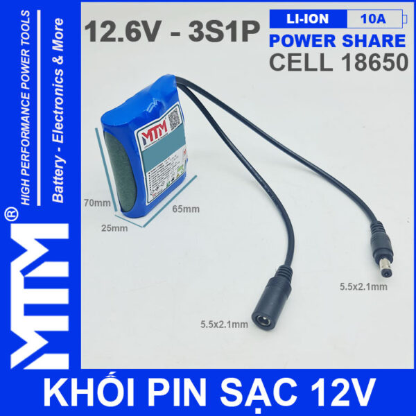kich thuoc Khoi pin sac 12V 10A 3S1P 18650 jack DC MTM