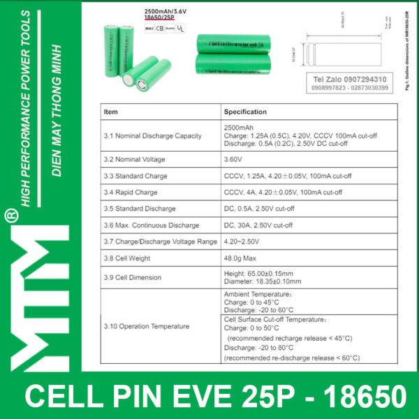thong so ky thuat cell pin EVE 18650 25P 2500mah 12C 30A EVE 25P datasheet 18650